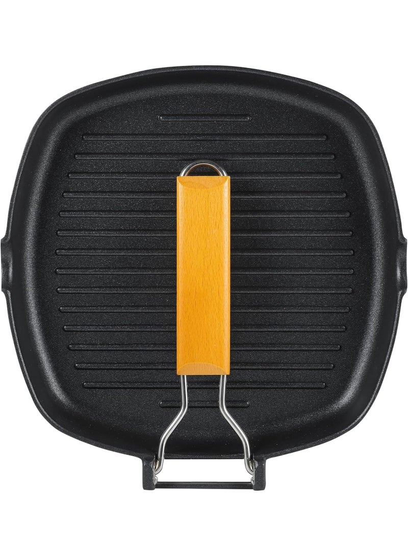 SYOSI Induction Griddle Pan, 24cm Cast Aluminium Non Stick Grill Pan with Folding Wooden Handle, Even Heat Distribution for Gas and Induction Hobs, Ideal for Camping BBQ Steak Burgers, Black - Image 5