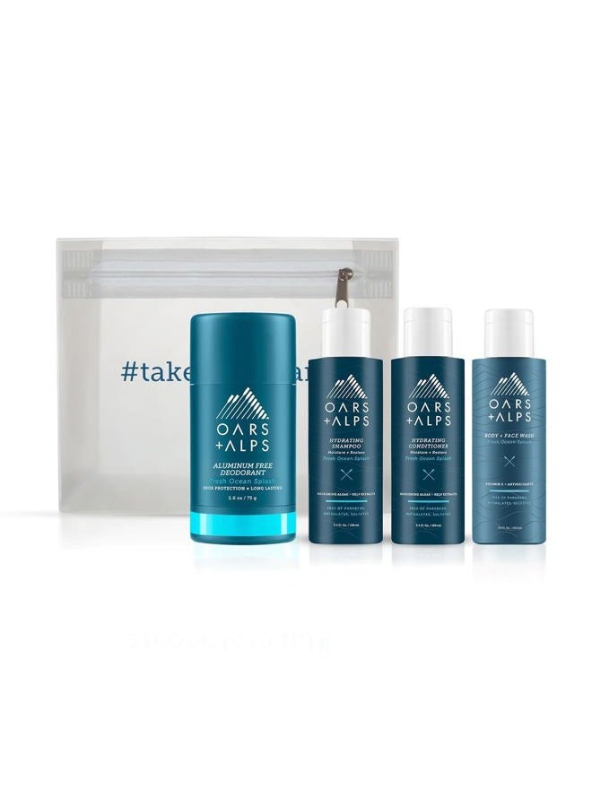 Hair and Body Travel Kit for Men, Includes Sulfate Free Shampoo, Conditioner, Body Wash, Deodorant, and Reusable Pouch, TSA Friendly, Fresh Ocean Splash Scent