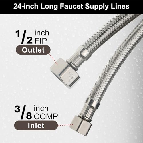 Midanya Faucet Supply Lines,24" Stainless Steel Braided Water Supply Line, 1/2" FIP x 3/8" COMP Faucet Hose, Faucet Hose Connector x 2 Pcs (1 Pair) - Image 2