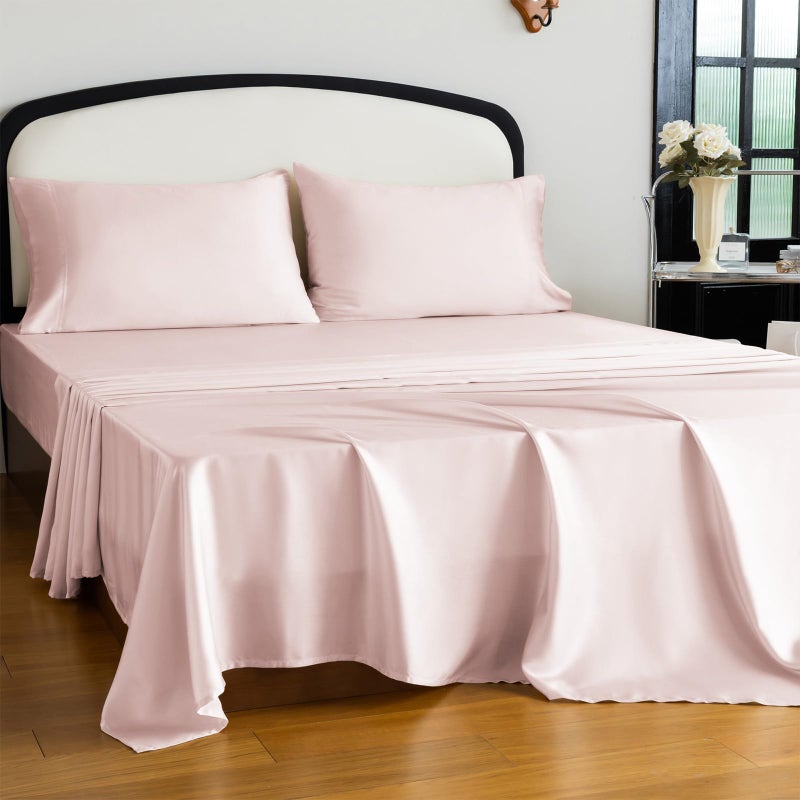 Homilay Tencel Lyocell 4 Pieces Queen Sheet Set, Silky Soft, Cooling & Wrinkle-Free - Oeko-TEX Certified - Deep Pocket Fits 16" Mattress, Marshmallow Pink - Image 1