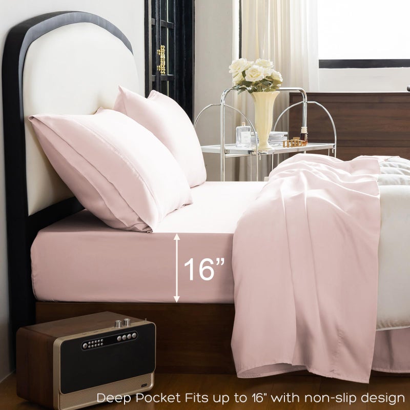 Homilay Tencel Lyocell 4 Pieces Queen Sheet Set, Silky Soft, Cooling & Wrinkle-Free - Oeko-TEX Certified - Deep Pocket Fits 16" Mattress, Marshmallow Pink - Image 5