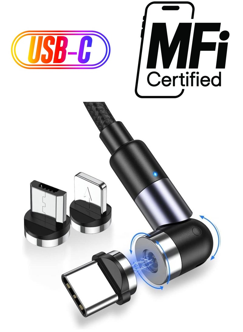 SYOSI Magnetic Charging Cable 540° Rotating 3 in 1 Magnetic Phone Charger Cable with LED Light Compatible with Micro USB, USB Type C and iProduct Device 5-Pack [1m/1m/1m/2m/2m] (Black) - Image 1