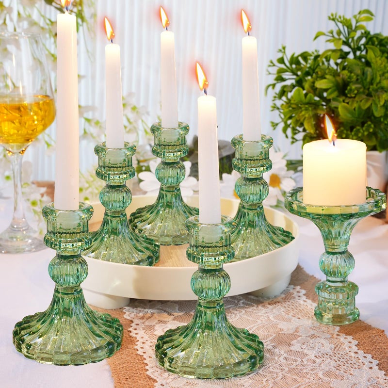 Maxcheck Set of 6 Candlestick Holders Taper Glass Candle Holder Decorative Candle Stand for Wedding Party Table Centerpiece Anniversary Festival Home DecorGreen