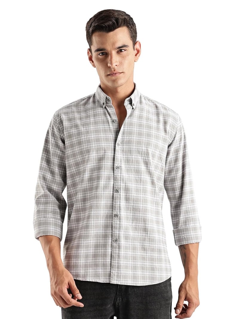 ADRO Men's Casual Checkered Shirt in Grey and White - Regular Fit Cotton Long Sleeve - Image 1