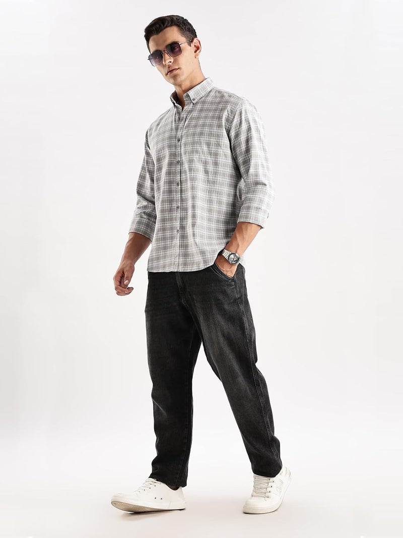 ADRO Men's Casual Checkered Shirt in Grey and White - Regular Fit Cotton Long Sleeve - Image 5