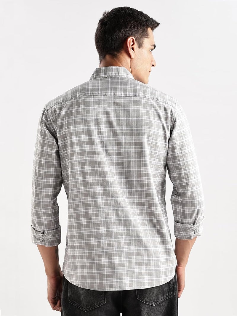 ADRO Men's Casual Checkered Shirt in Grey and White - Regular Fit Cotton Long Sleeve - Image 3