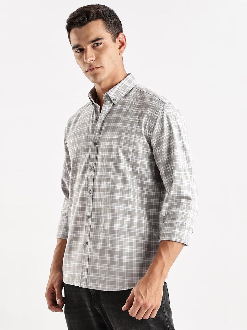 ADRO Men's Casual Checkered Shirt in Grey and White - Regular Fit Cotton Long Sleeve - Image 4