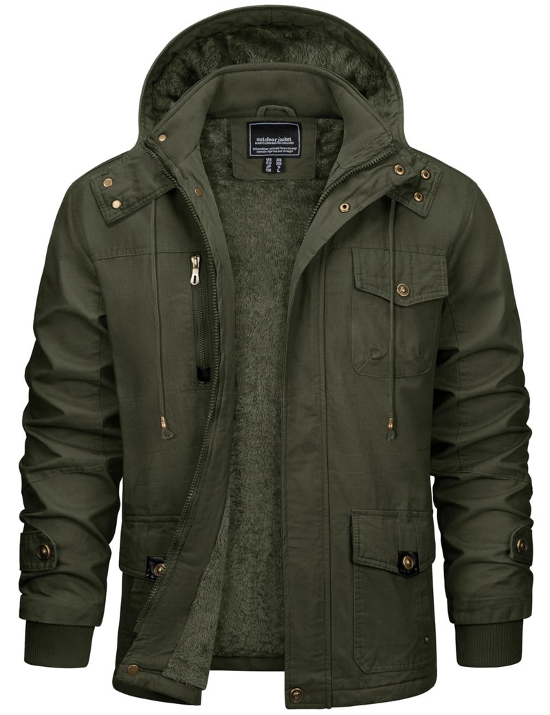 CRYSULLY Men's Winter Jacket Cotton Military Jackets Fleece Lined Thick Warm Cargo Coats Multi-Pocket Outwear with Hooded Army Green S