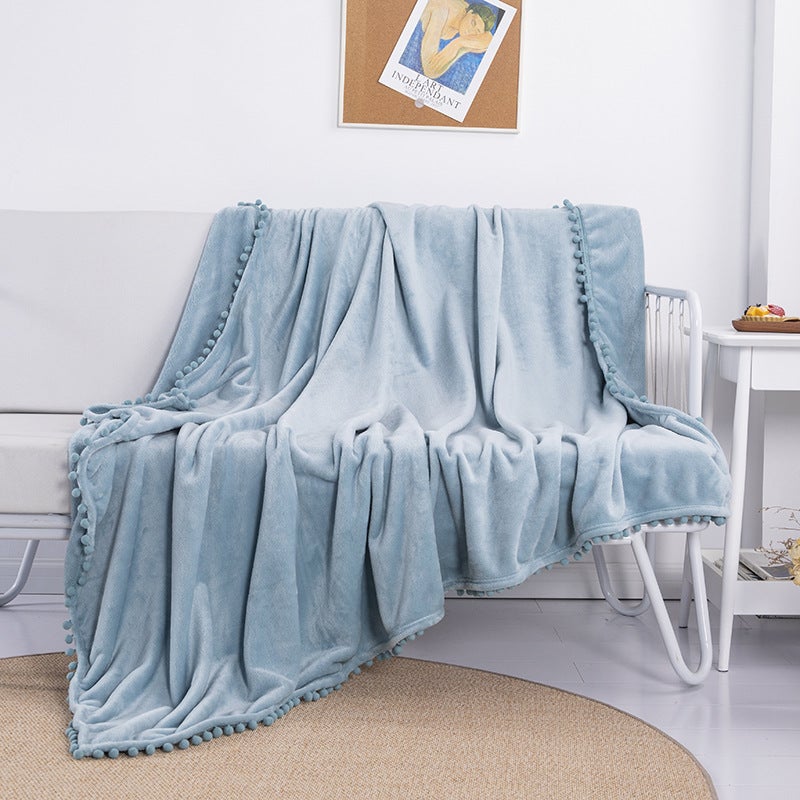 Fringe Pom-Pom Flannel Throw Blanket Solid Color Ice Blue 