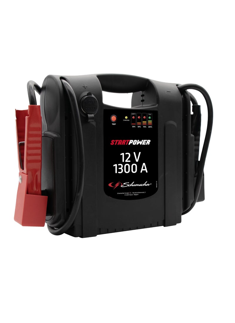 Schumacher SCHUMACHER 12V 1300A Portable Car Battery Jump Starter Compact Booster Pack with LED Indicator, 12V Outlet, Battery Tester & Auto Charger 