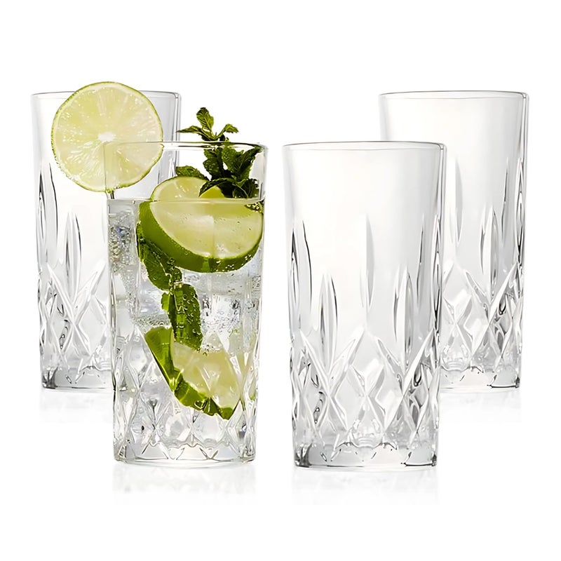 LEMONSODA Premium 12oz Highball Glass for Water Juices cocktails  Set of 4  Crystal Cut Glasses  Elegant Textured Tom Collins Glassware Set  Premium Packaging