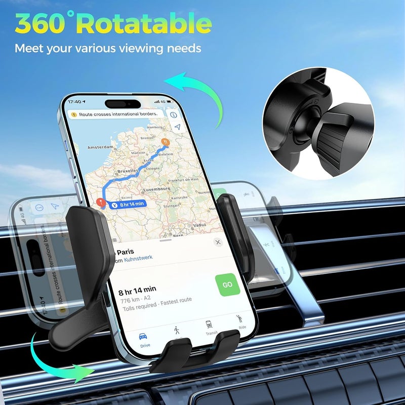 حامل هاتف لفتحة التهوية في السيارة مع خطاف وأرجل معدنية، دوران 360 درجة، تحرير بزر واحد، متوافق مع جميع الهواتف الذكية من 4.0 إلى 7.0 بوصة - Image 5