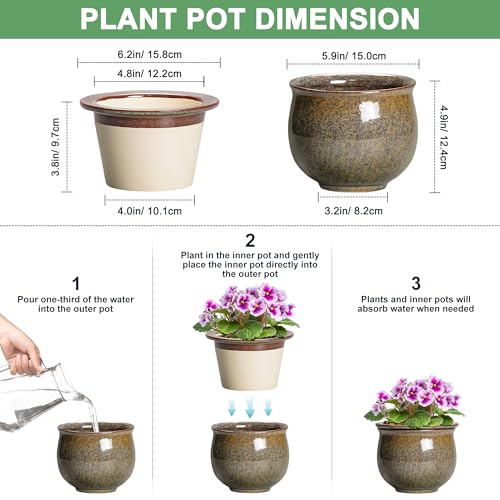 Teagas Self Watering Planters for Indoor Plants, 6 Inch Ceramic African Violet Pots with Absorbent Inner Pot, Ceramic Plant Pot, Round Flower Pots, Bathroom Decor, Housewarming Gifts, Yellowish Brown - Image 2