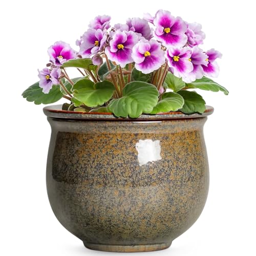 Teagas Self Watering Planters for Indoor Plants, 6 Inch Ceramic African Violet Pots with Absorbent Inner Pot, Ceramic Plant Pot, Round Flower Pots, Bathroom Decor, Housewarming Gifts, Yellowish Brown - Image 1