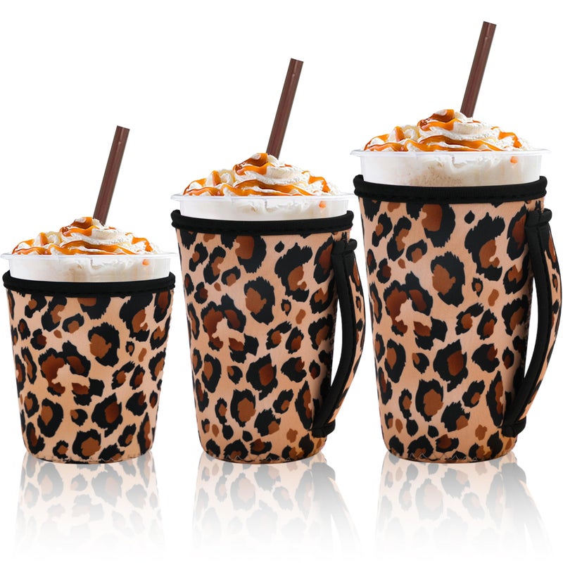 LLTDMEST 3 Piece Reusable Iced Coffee Sleeves Insulated Coffee Sleeves for 16-32 ounces of hot or cold coffee or iced beverages Compatible with Starbucks Dunkin Coffee cup and More (Leopard print) - Image 1