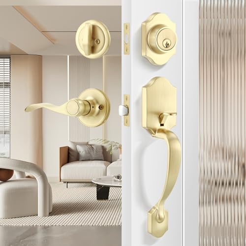 Leydebong Gold Front Door Handle and Deadbolt Set Classic Front Door Lock Set All Keyed Differrnt Front Door Handle with Single Cylinder Deadbolt for Exterior Door Reversible for RightLeft - Image 1