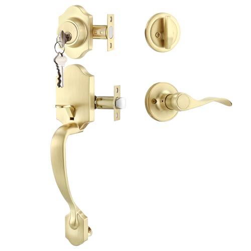 Leydebong Gold Front Door Handle and Deadbolt Set Classic Front Door Lock Set All Keyed Differrnt Front Door Handle with Single Cylinder Deadbolt for Exterior Door Reversible for RightLeft - Image 3