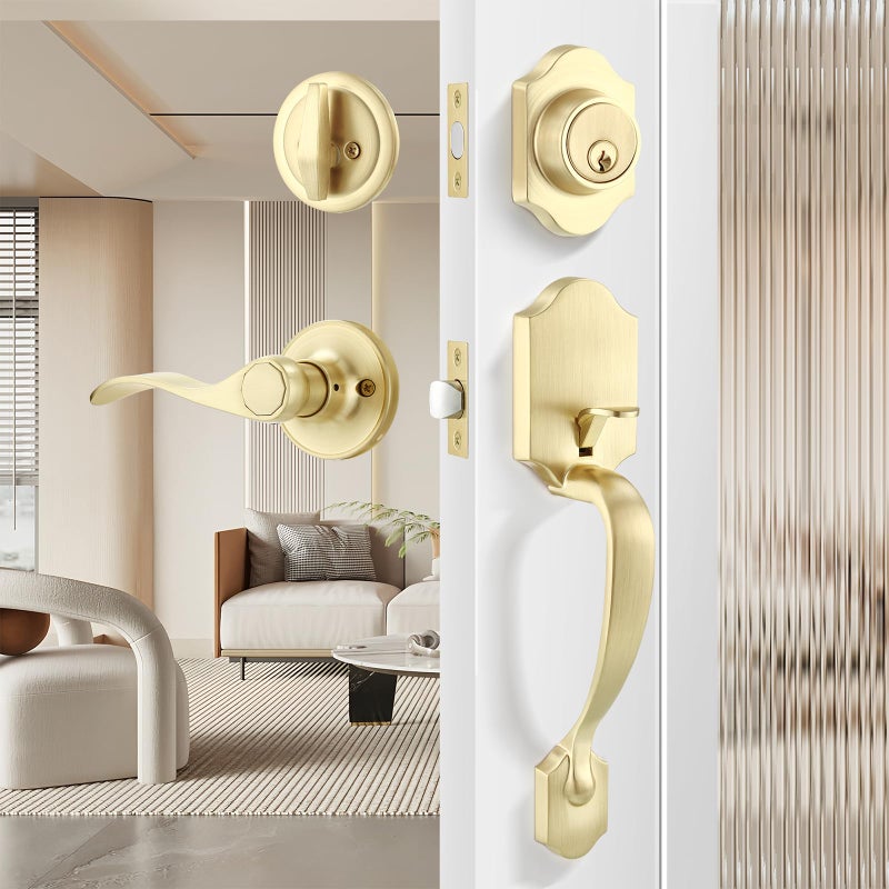 Leydebong Gold Front Door Handle and Deadbolt Set Classic Front Door Lock Set All Keyed Differrnt Front Door Handle with Single Cylinder Deadbolt for Exterior Door Reversible for RightLeft - Image 2