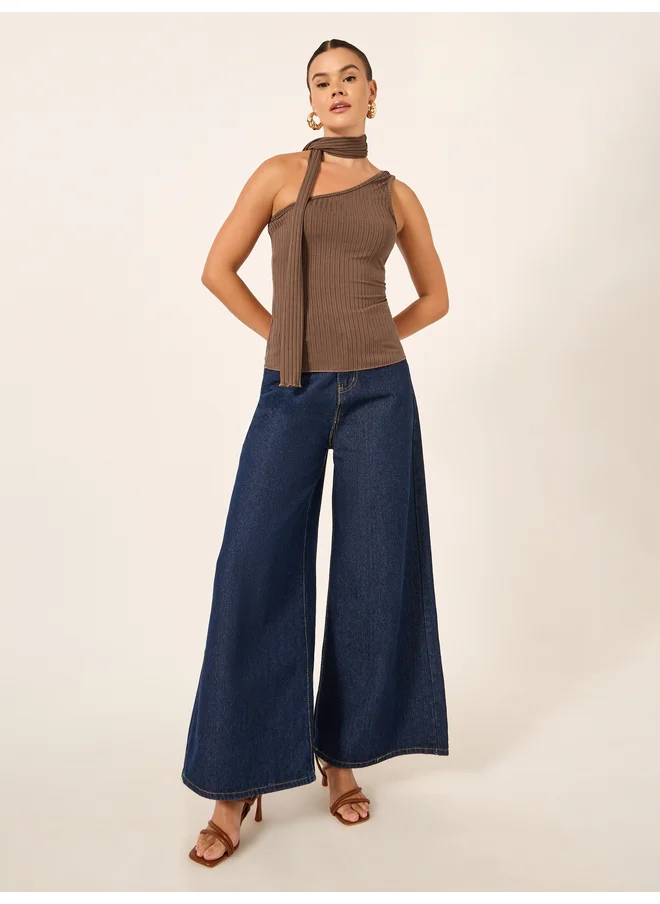 ستايلي Styli Ribbed One-Shoulder Tie Neck Fitted Tank T-Shirt