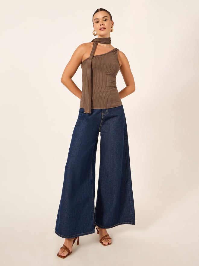 Styli Styli Ribbed One-Shoulder Tie Neck Fitted Tank T-Shirt  - Image 1