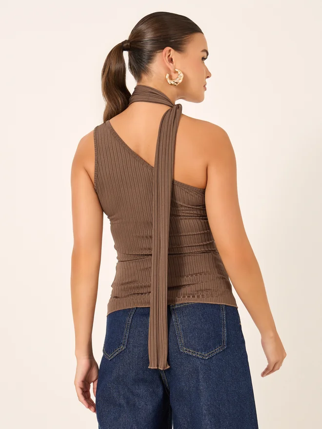 Styli Styli Ribbed One-Shoulder Tie Neck Fitted Tank T-Shirt