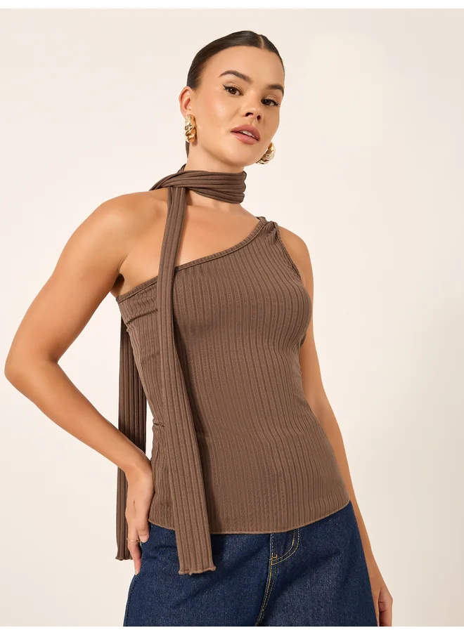 ستايلي Styli Ribbed One-Shoulder Tie Neck Fitted Tank T-Shirt