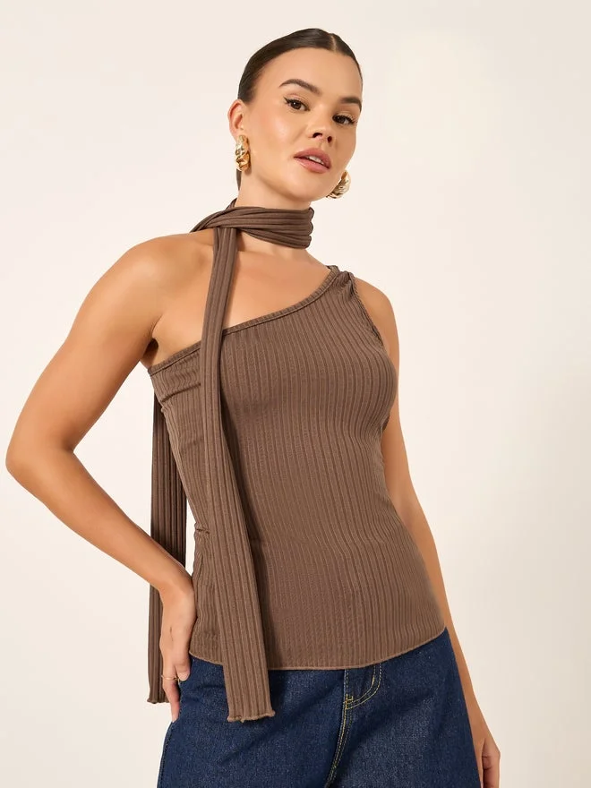 Styli Ribbed One-Shoulder Tie Neck Fitted Tank T-Shirt