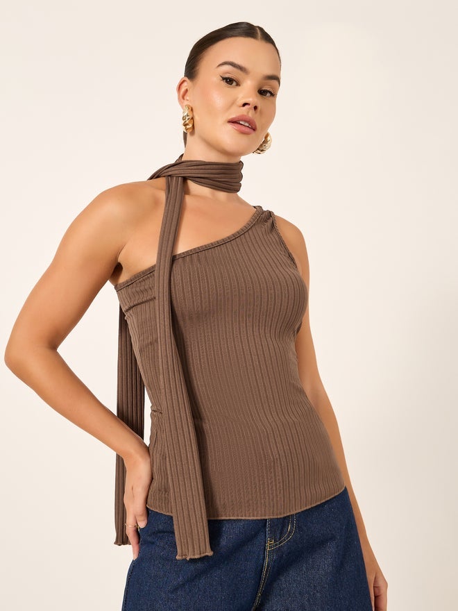 Styli Ribbed One-Shoulder Tie Neck Fitted Tank T-Shirt - Image 1
