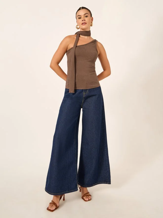 Styli Ribbed One-Shoulder Tie Neck Fitted Tank T-Shirt