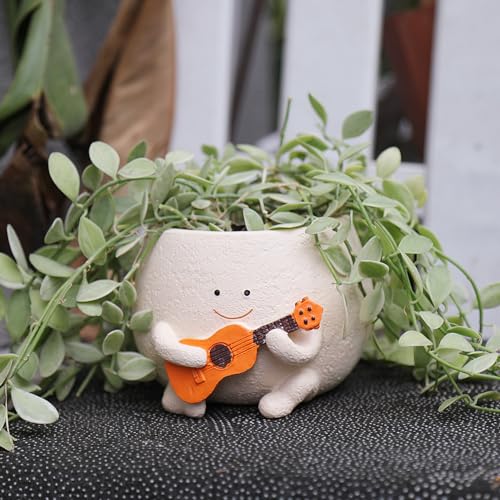 UMESONG Smily Face Planter Pot with Drainage Hole Cute Resin Head Planters for String of Pearls Plant Live Unique Guitar Succulent Pots for Indoor Outdoor Plants Gift IdeaI for Mother Christmas - Image 5