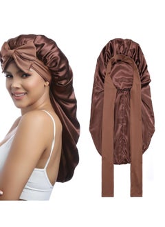 spa luxetique Long Satin Bonnet for Women - Double Layer Elastic Silk Bonnet for Braids Hair Sleeping Cap with Tie Band (Brown)  - Image 1