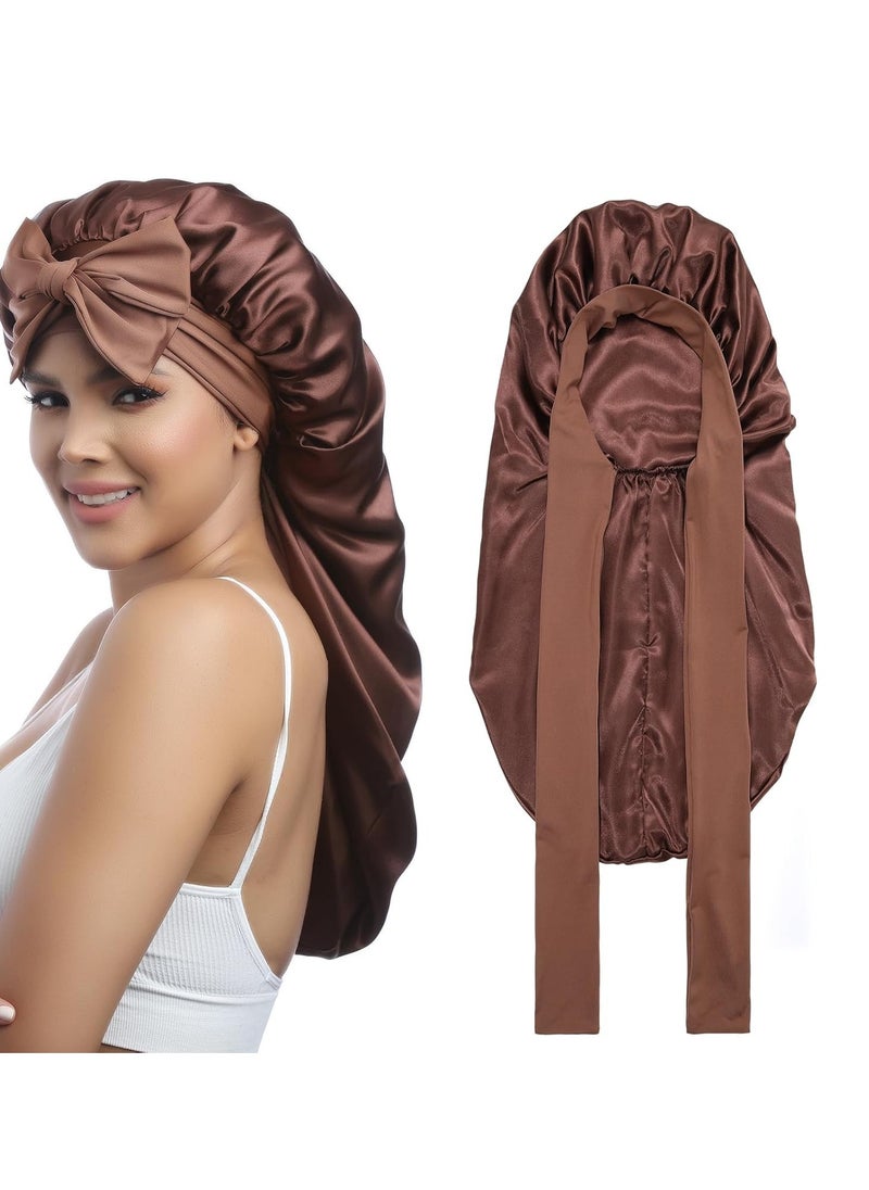 spa luxetique Long Satin Bonnet for Women - Double Layer Elastic Silk Bonnet for Braids Hair Sleeping Cap with Tie Band (Brown)  - Image 1