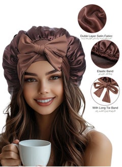 spa luxetique Long Satin Bonnet for Women - Double Layer Elastic Silk Bonnet for Braids Hair Sleeping Cap with Tie Band (Brown)  - Image 2