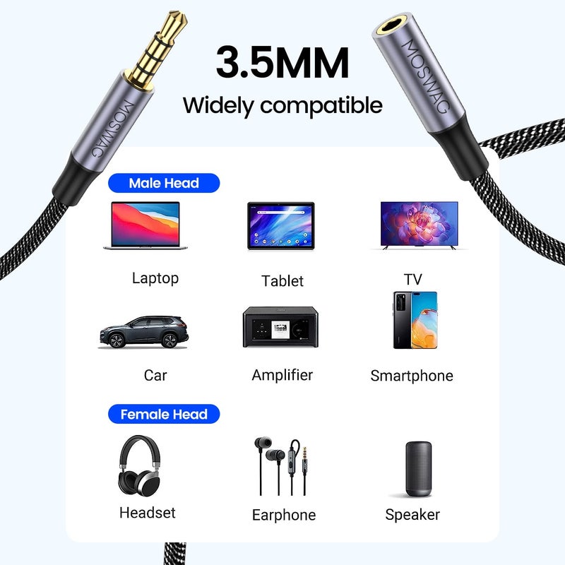 MOSWAG 3.5mm Male to Female Extension Cable with Microphone Stereo Audio Adapter Nylon Braided Compatible for Home/Car Stereos Smartphones Headphones Tablets Media Players and More - Image 2
