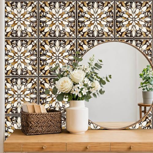 IVN 10PCS 12x12 Inch Brown Gold Floral Mandala Pattern Floor Tiles Peel and Stick Removable Self Adhesive Vinyl Flooring Stickers for Kitchen Bathroom Living Room Entryway Home Decor - Image 2