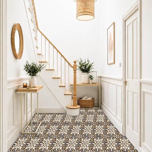 IVN 10PCS 12x12 Inch Brown Gold Floral Mandala Pattern Floor Tiles Peel and Stick Removable Self Adhesive Vinyl Flooring Stickers for Kitchen Bathroom Living Room Entryway Home Decor - Image 5