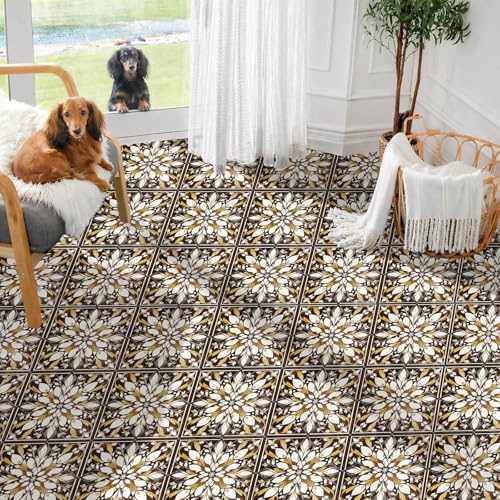 IVN 10PCS 12x12 Inch Brown Gold Floral Mandala Pattern Floor Tiles Peel and Stick Removable Self Adhesive Vinyl Flooring Stickers for Kitchen Bathroom Living Room Entryway Home Decor - Image 3