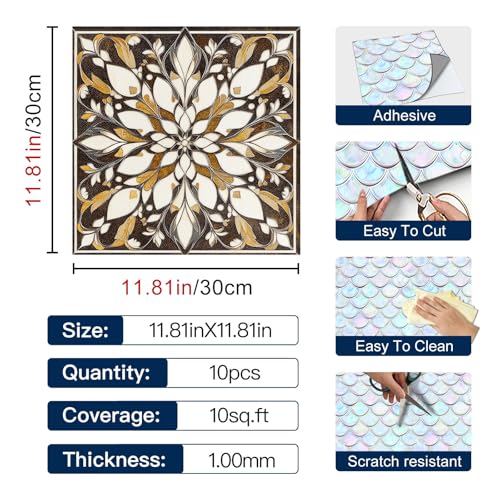 IVN 10PCS 12x12 Inch Brown Gold Floral Mandala Pattern Floor Tiles Peel and Stick Removable Self Adhesive Vinyl Flooring Stickers for Kitchen Bathroom Living Room Entryway Home Decor - Image 4