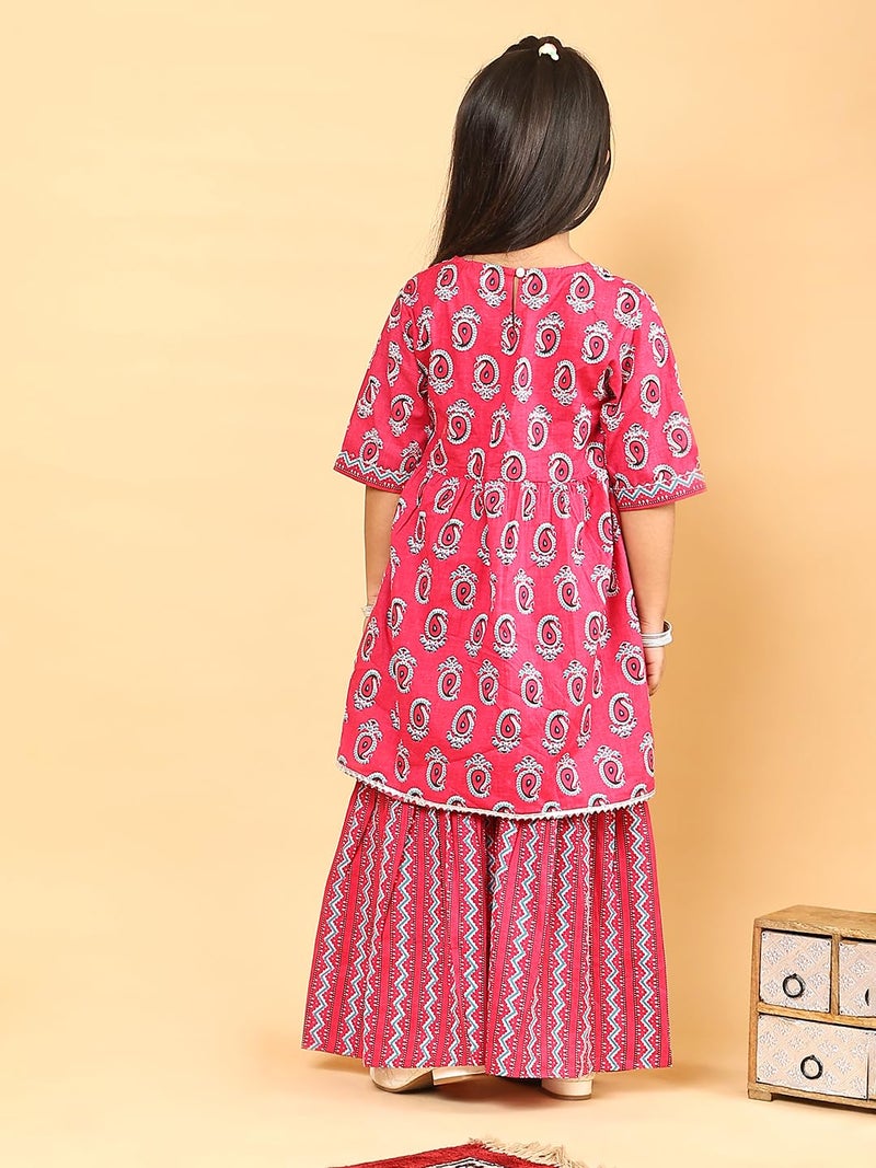 superminis Girls Sanganeri Printed Frock Style Cotton Kurti With Full Length Sharara Set (6-12 Months, Pink) - Image 3