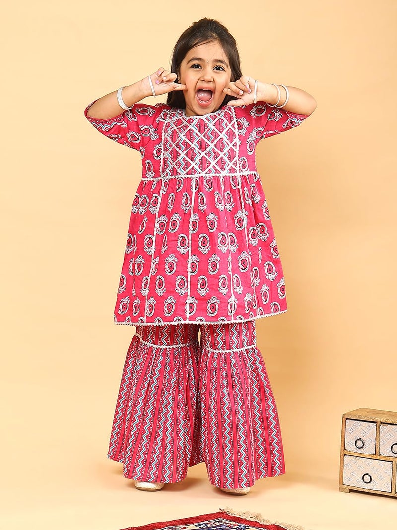 superminis Girls Sanganeri Printed Frock Style Cotton Kurti With Full Length Sharara Set (6-12 Months, Pink) - Image 2