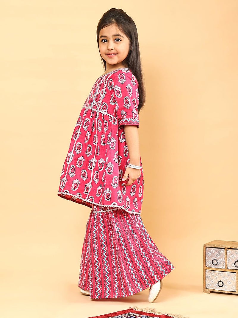 superminis Girls Sanganeri Printed Frock Style Cotton Kurti With Full Length Sharara Set (6-12 Months, Pink) - Image 5