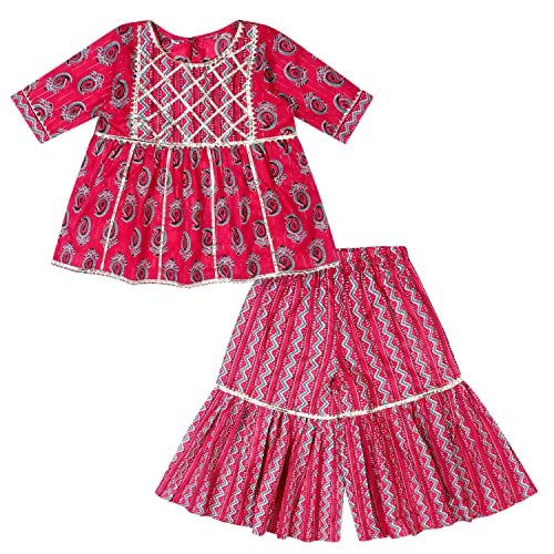 superminis Girls Sanganeri Printed Frock Style Cotton Kurti With Full Length Sharara Set (6-12 Months, Pink) - Image 1
