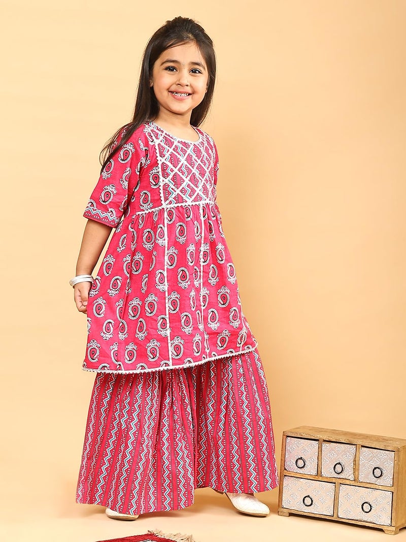 superminis Girls Sanganeri Printed Frock Style Cotton Kurti With Full Length Sharara Set (6-12 Months, Pink) - Image 4