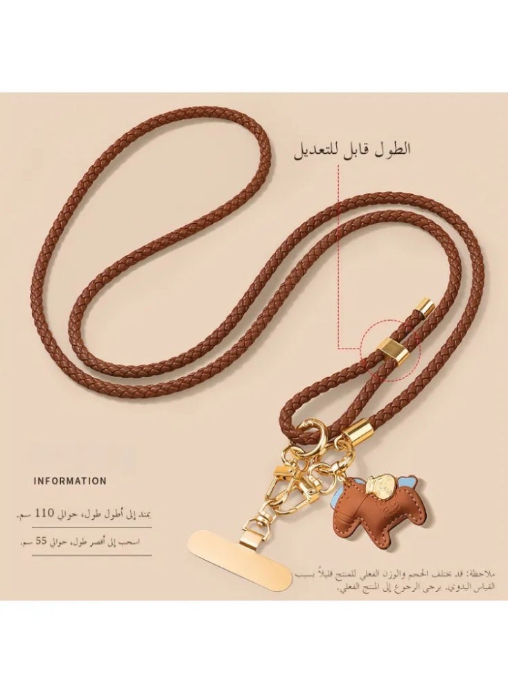 Adjustable Braided Leather Phone Crossbody Strap with Horse Charm, Universal Anti-Lost Lanyard - Image 1