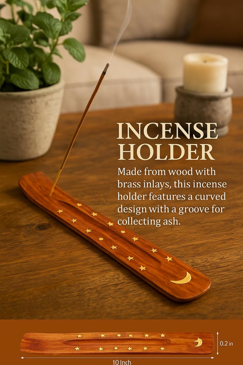 Pure Source India Wooden 10 inch Incense Stick Holder with Brass Moon & Star Inlay Design – Handmade Agarbatti Stand for Home, Puja, and Meditation - Image 5
