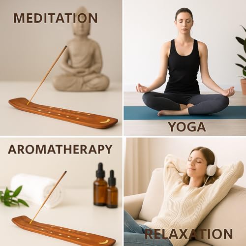 Pure Source India Wooden 10 inch Incense Stick Holder with Brass Moon & Star Inlay Design – Handmade Agarbatti Stand for Home, Puja, and Meditation - Image 4