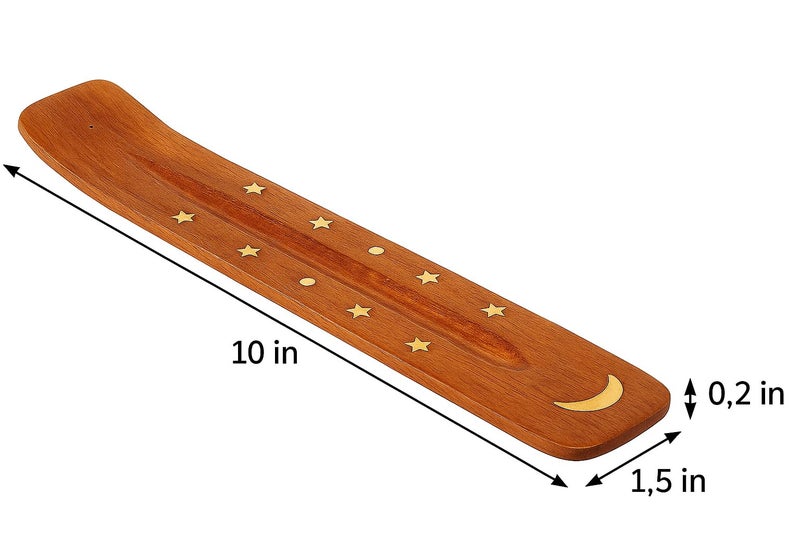 Pure Source India Wooden 10 inch Incense Stick Holder with Brass Moon & Star Inlay Design – Handmade Agarbatti Stand for Home, Puja, and Meditation - Image 3