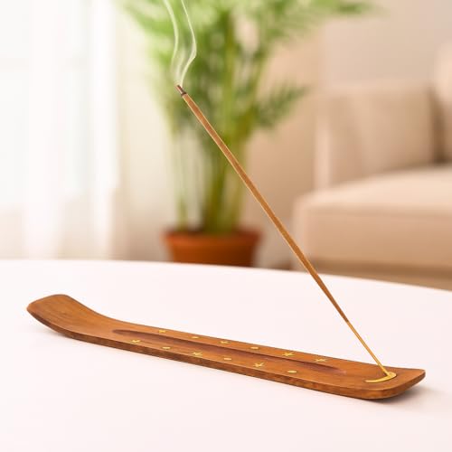 Pure Source India Wooden 10 inch Incense Stick Holder with Brass Moon & Star Inlay Design – Handmade Agarbatti Stand for Home, Puja, and Meditation - Image 2