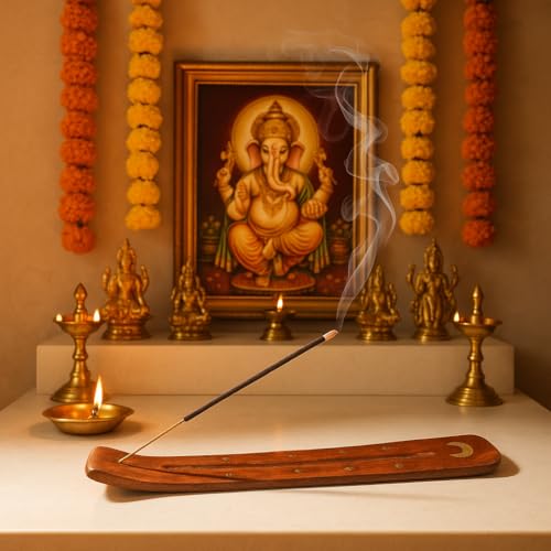 Pure Source India Wooden 10 inch Incense Stick Holder with Brass Moon & Star Inlay Design – Handmade Agarbatti Stand for Home, Puja, and Meditation - Image 1