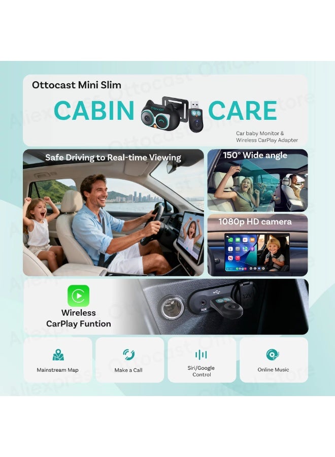 أوتوكاست محول العناية بمقصورة السيارة اللاسلكي Ottocast Cabin Care مع كاميرا عالية الدقة للسيارة، متوافق مع CarPlay، ملحقات سيارات للأطفال والرضع، متوافق مع هيونداي بنز، أودي، شيفروليه، وكيا - Image 2